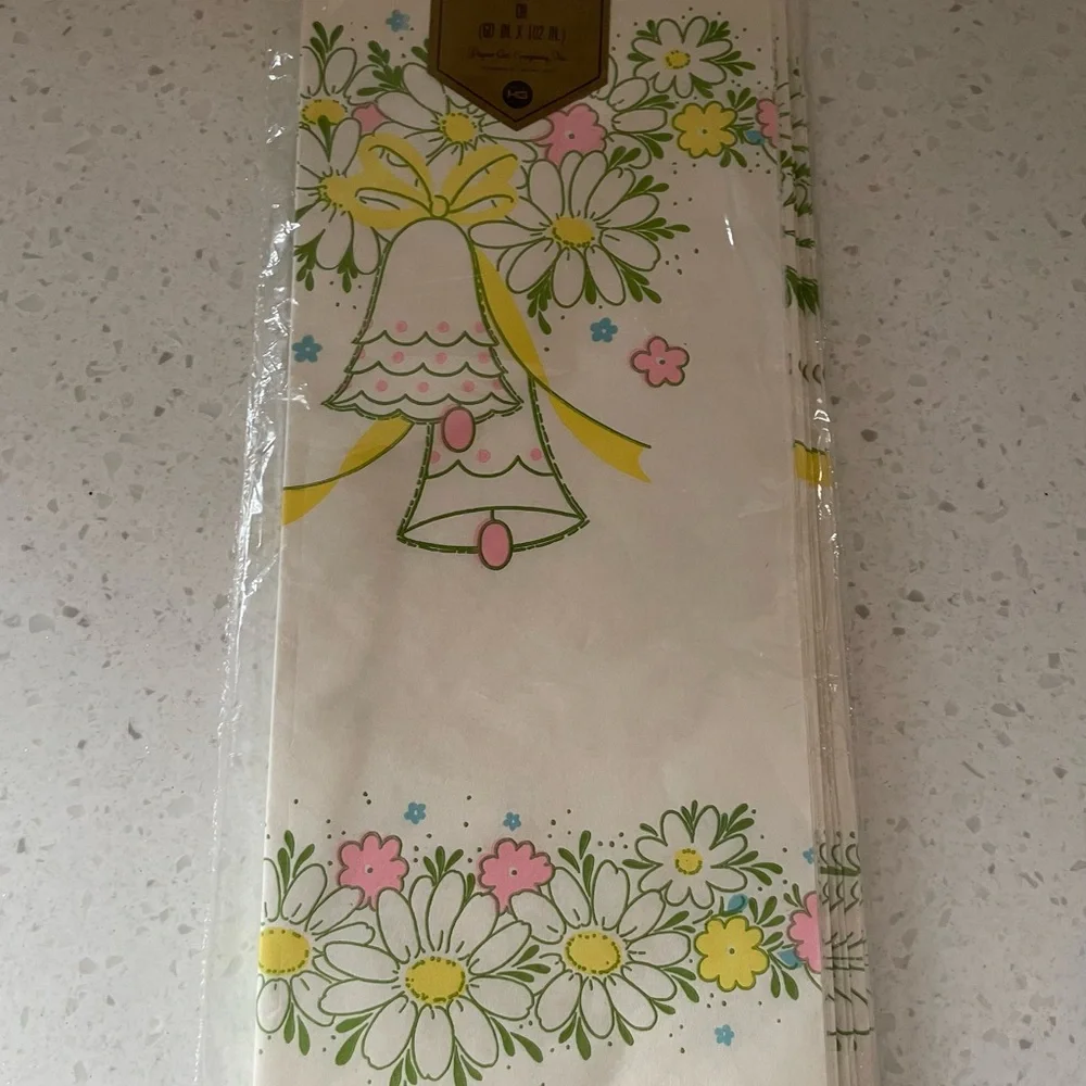 Vintage 70’s Hallmark Paper TableCover Daisy Flowers & Bells Tablecloth 60 x 102